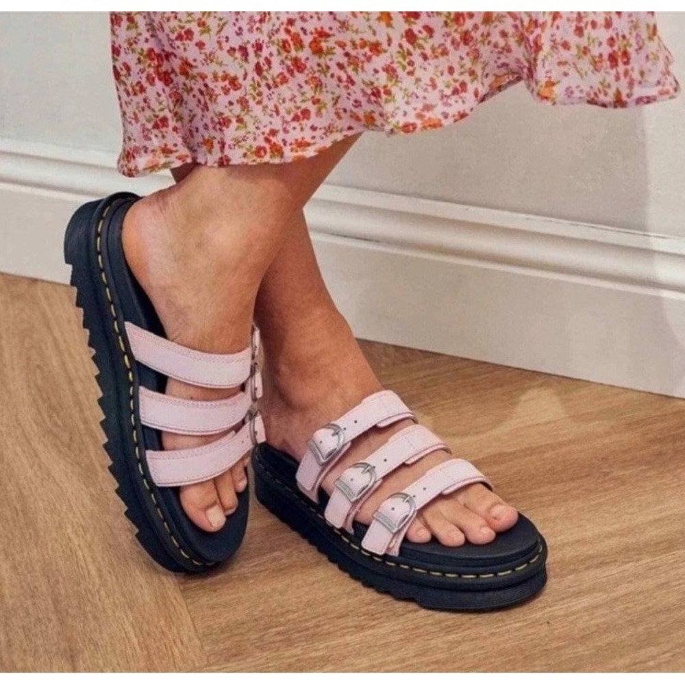 Dr. Martens Blaire Leather Slide Sandals Pink Size 8 Triple Strap Platform